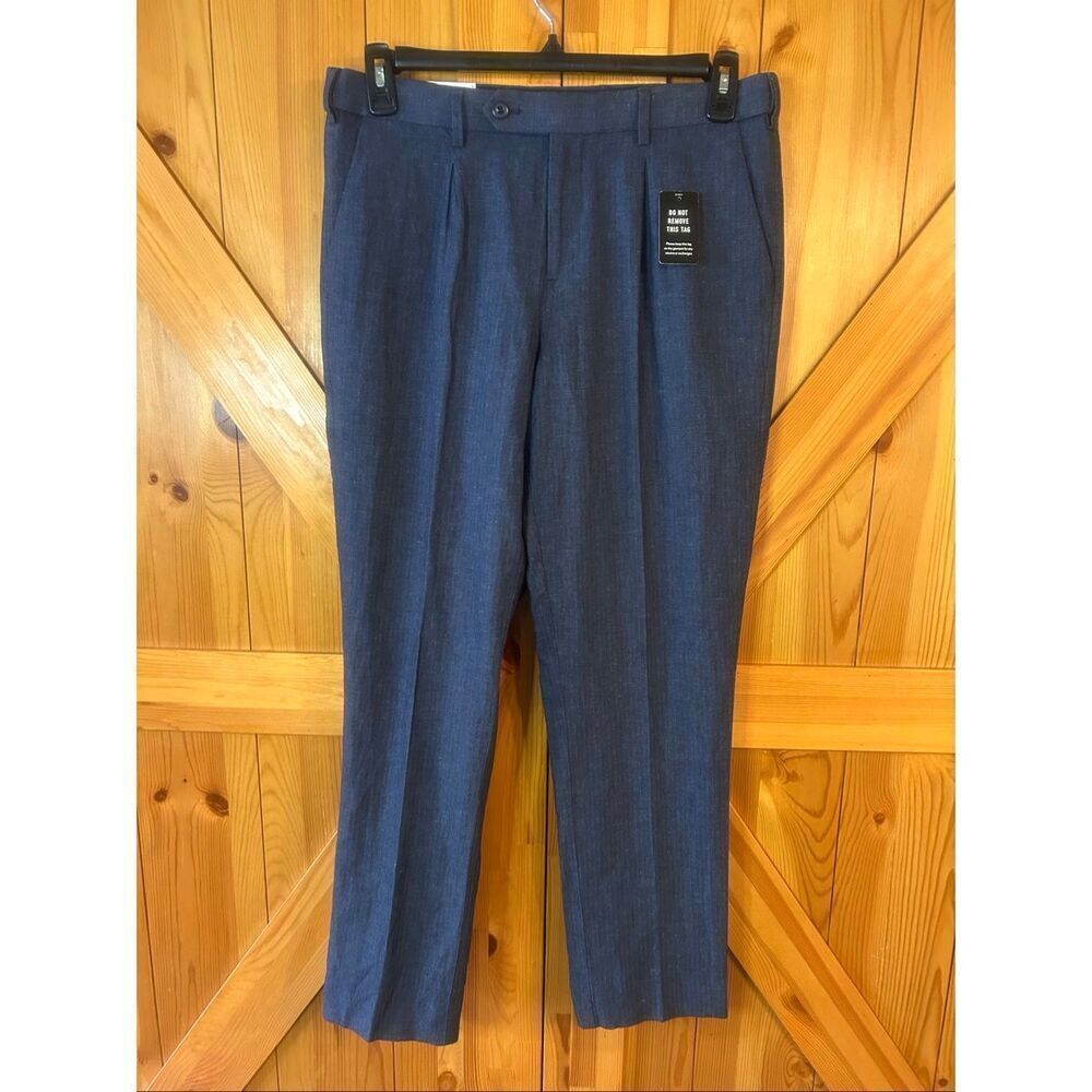 Express Linen Blend Dress Pants Navy Chambray Slim Pleated NWT Size 30x32 (5944)